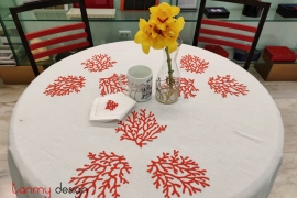Round table cloth- Red coral embroidery (size 180 cm)